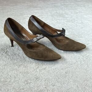Lifestride brown suede and leather bow pointed toe heels, size 6 AA narrow